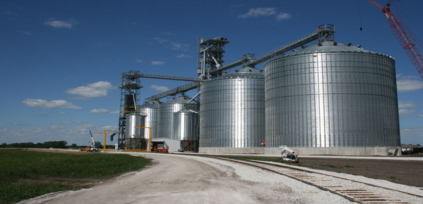 View from the road of the Tem Ag Center showing silos. 